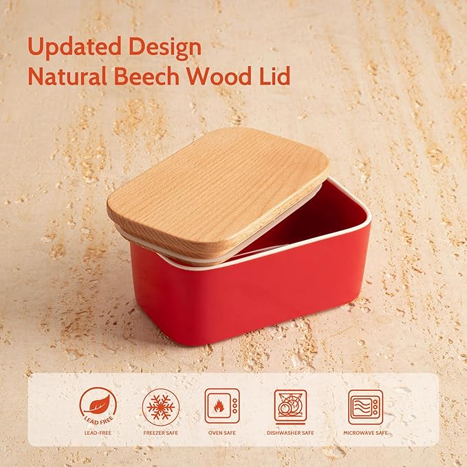 Sweese Large Butter Dish with Lid for Countertop, Airtight Butter Keeper Holds Up to 2 Sticks of Butter, Porcelain Butter Container for Kitchen Decor and Accessories for Kitchen Gift, Red