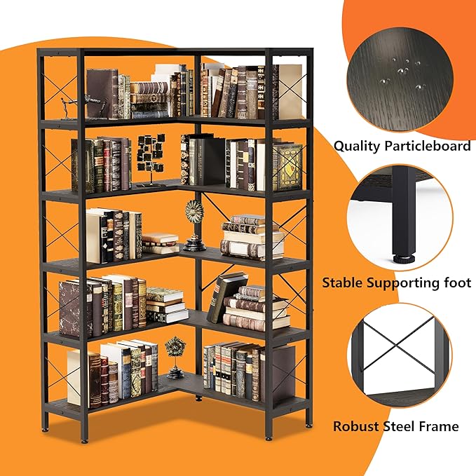 6-Shelf Corner Bookshelf, Vintage Industrial Corner Bookshelf Etagere Bookcase, Large Book Shelf with Metal Frame Open Storage CornerCabinet (Black, Small)