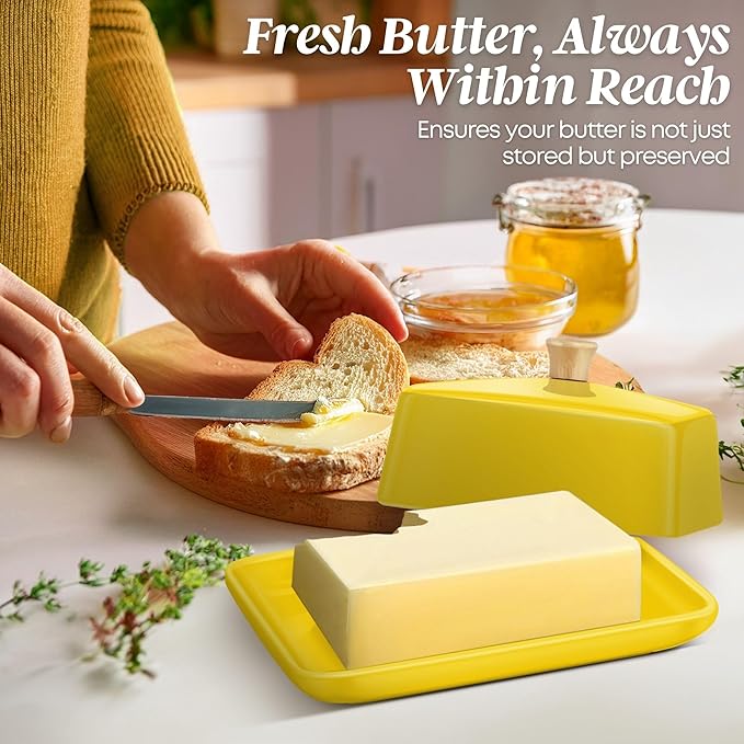 Flexzion Ceramic Yellow European Butter Dish with Lid for Countertop (7 Inch) - Wide 2 Stick Double Butter Holder for Counter, Cream Cheese Container Storage Keeper