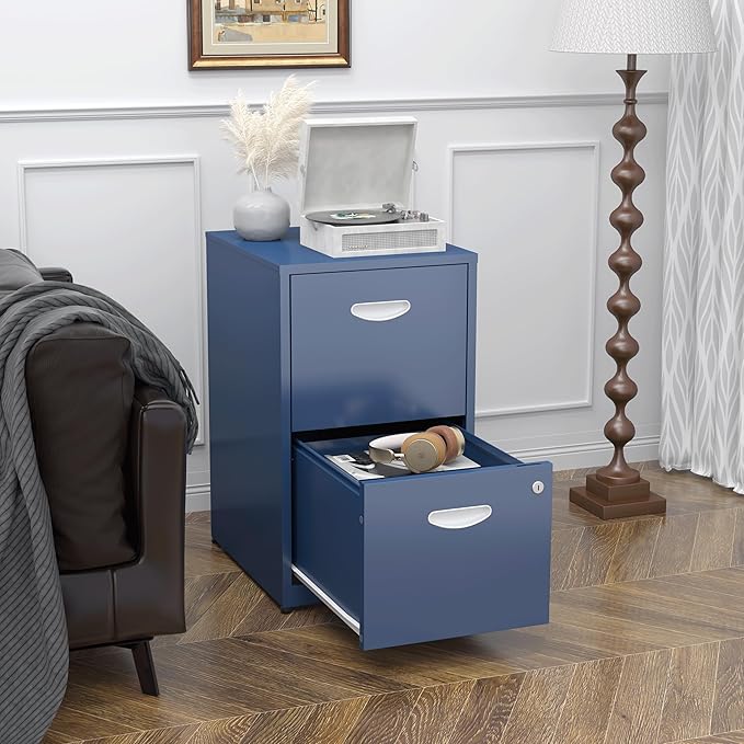 2 Drawer File Cabinet, Metal Two Drawer Vertical File Cabinets with Lock, 18" D Storage Filing Cabinet for Home Office, Steel Light Duty Storage for Letter-Size Files, Blue, Assembly Required