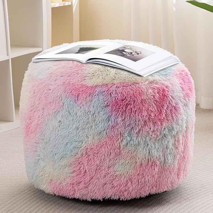 HIGOGOGO Round Stuffed Pouf Ottoman, Long Faux Fur Poufs with Foam Chunk Filling, Fluffy and Furry Pouf Foot Stool Storage Ottoman, 20 X 15 Floor Poufs Foot Rest for Living Room, Rainbow