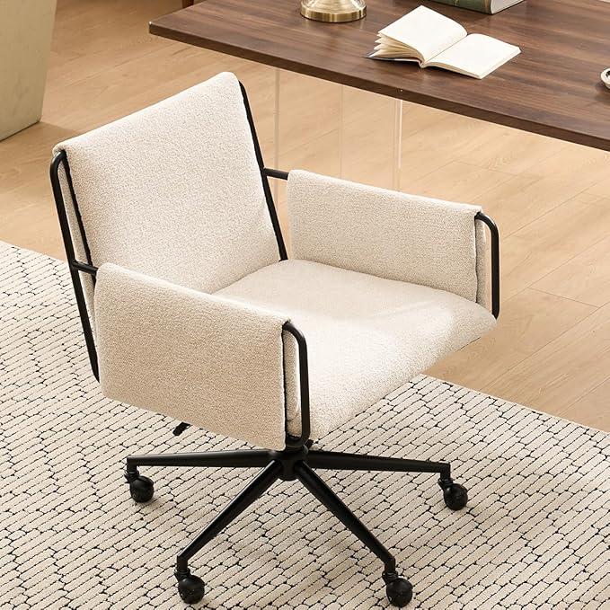 Kidol & Shellder Office Desk Chair Set of 4 with Arm, Swivel Adjustable Height with Wheels Comfortable Wide Seat for Home Office, Bedroom, Makeup Room, Beige