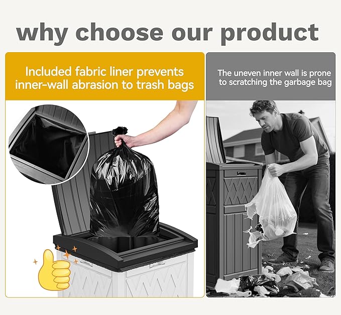 DWVO 36-Gallon Outdoor Trash Can with Fabric Bag, Tiered Lid & Drip Tray, Waterproof Resin Garbage Bin for Patio, Deck, and Backyard, White & Black