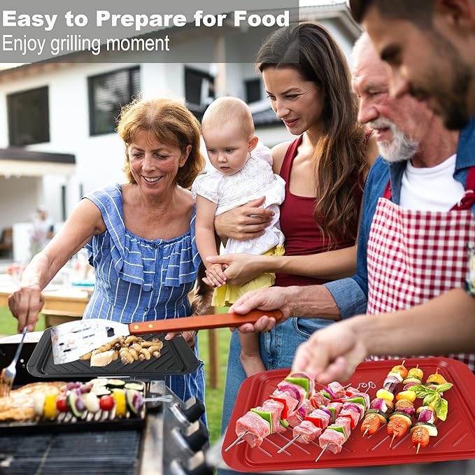 Grilling Prep and Serve Trays, BBQ Platter for Raw and Cooked Food, Melamine Serving Trays for Food, Set of 2, Black and Red, Napkin and Cleaning Clothes Included