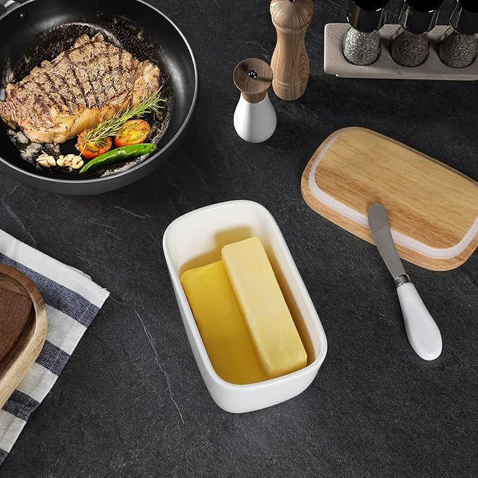 GDCZ Ceramics Butter Dish with Wooden Lid- Large Covered Butter Holder for Countertop, Butter Keeper Container Perfect for Holds 4X 4oz West/East Coast Butter, White