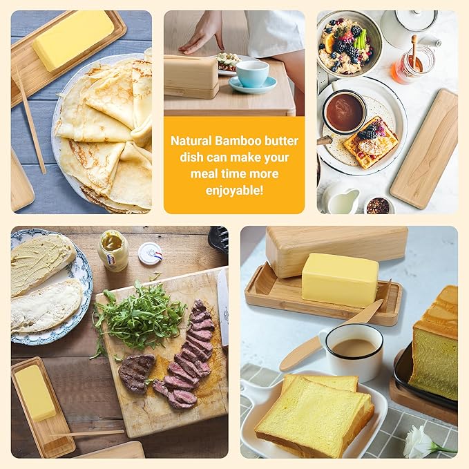 Bamboo Butter Dish with Lid for Countertop Butter Container for Fridge Magnetic Butter Holder with Knife for East and West Coast Butter By beardo decor