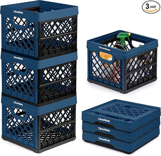 CleverMade Collapsible Milk Crate, Ocean, 3PK - 25L (6 Gal) Stackable Storage Bins, Holds 50lbs Per Bin - Clevercrates are Heavy Duty, Plastic Collapsible Storage Crate for Multi Purposes