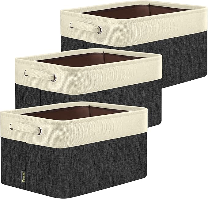 BALEINE 3 Pack Fabric Storage Bins for Shelves, Linen Storage Baskets for Organizing, Decorative Closet Bins for Clothes, Home (Black, 15"x11"x9.5")