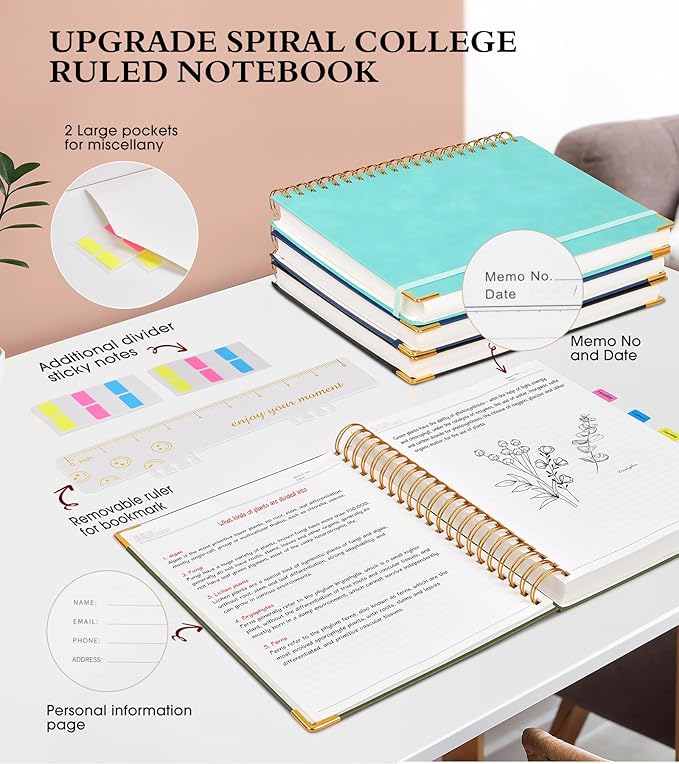 Spiral Notebook Journal 7.6” x 10”, 300 Pages Hardcover Leather Lined Journals for Women Men, B5 Large College Ruled Notebooks with 100 GSM Thick Paper, Spiral Journal for Writing Work, Olive Green