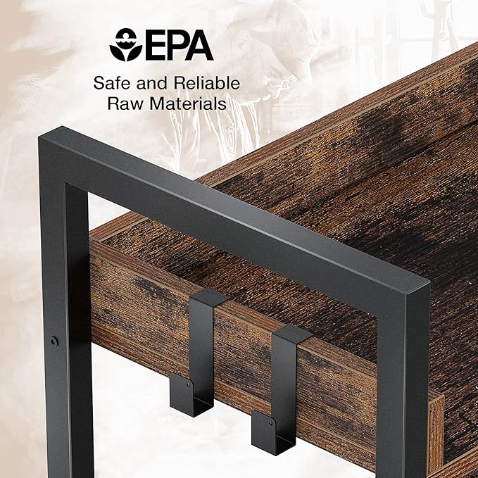 Rolanstar Bookshelf 4 Tier with 4 Hooks, Industrial Wood Bookcase, Vintage Storage Rack with Open Shelves, Rustic Standing Bookshelves Metal Frame Display Rack for Living Room, Bedroom, Rustic Brown