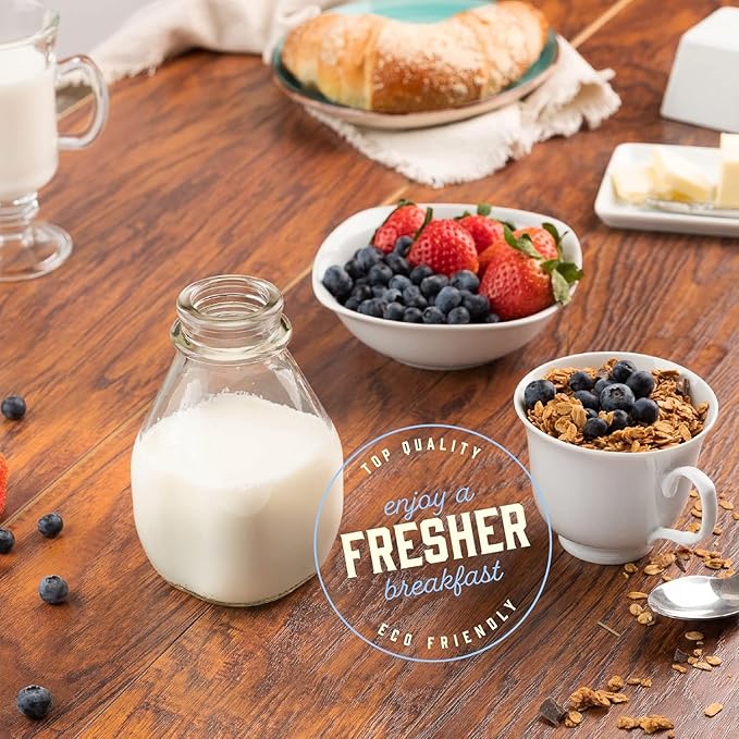 kitchentoolz 16 Oz Glass Milk Jug with Caps - Perfect Milk Container for Refrigerator Storage - 16 Ounce Short and Wide Glass Milk Bottle with Tamper Proof Lid and Pour Spout (3, 16 oz)