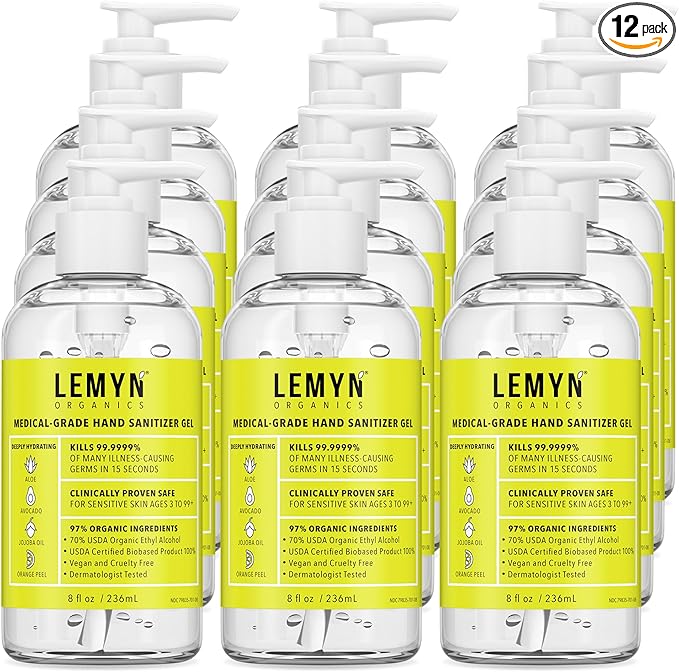 Medical Grade Hand Sanitizer Gel - 97% ORGANIC - 8 FL.OZ. with PUMP (PACK OF 12)