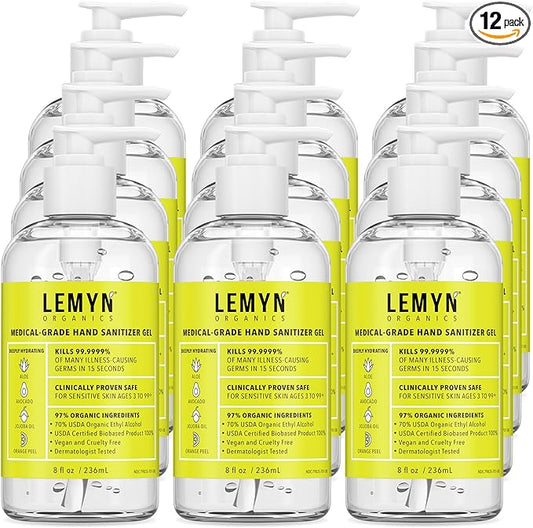 Medical Grade Hand Sanitizer Gel - 97% ORGANIC - 8 FL.OZ. with PUMP (PACK OF 12)