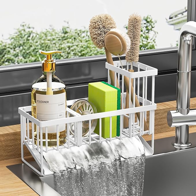 Cisily Sink Caddy Sponge Holder - Stainless Steel Rustproof, High Brush Holder, Dish Sponge Organizer with Divider (White)