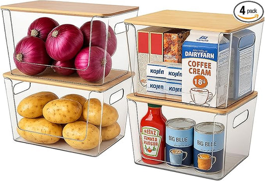 4 Pack Clear Stackable Potato & Onion Storage Bins - Trash Bag Holder Dispenser Under Sink Organizer for Pantry, Kitchen Countertop - Trash Bag Dispenser with Bamboo Lid for 4-13 Gal Bags