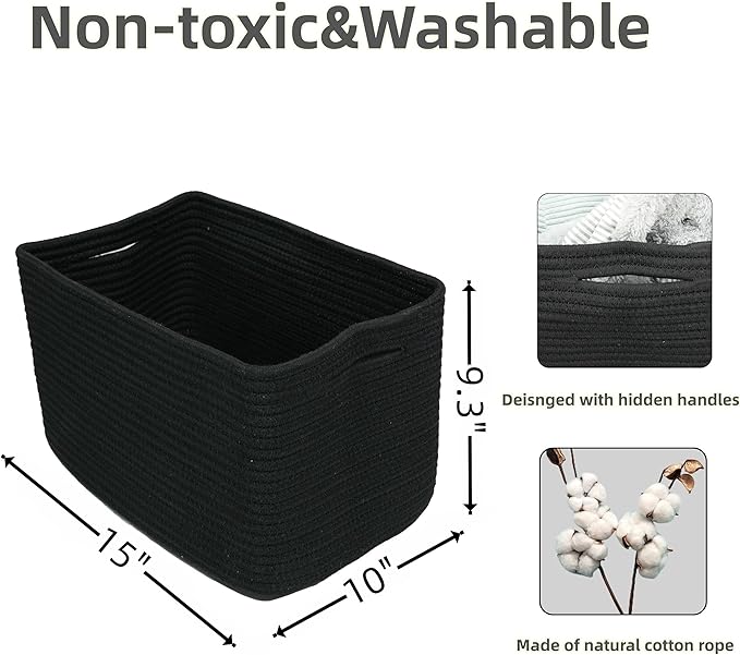Cotton Rope storage Basket Bins 15X10X9.3“ Woven Basket for Organizing Shelves Rectangle Decorative Baskets For storage Clothes Toys Books Towels Square Wicker Nursery basket organizer 3 pack black