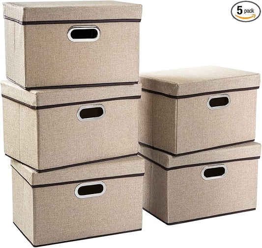 PRANDOM Collapsible Storage Containers with Lids [5-Pack] Jute Fabric Foldable Storage Bins Boxes Organizer Baskets Cube with Cover for Home Bedroom Closet Office Nursery (14.9x9.8x9.8)