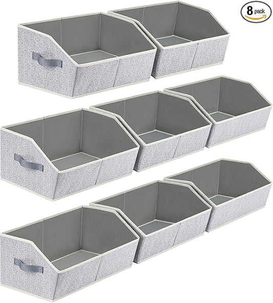 Trapezoid Bins for Organization - 8 Pack Storage Cubes, Decorative Fabric Organizer Bins, Large Baskets for Storage, Linen Storage Organizer for Clothes, Books, Home, Light Gray