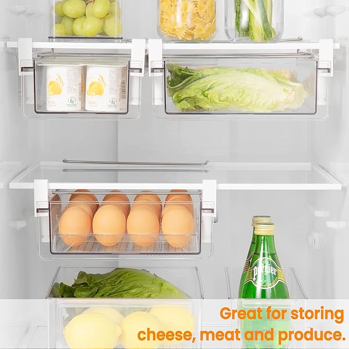 vacane Fridge Organizer Drawer, Clear Plastic Fridge Organizer Bins, Add on Refrigerator Drawer,Fridge Storage Container Under Shelf Holder for Fruit, Vegetable, Meat, Cheese, Easy to Install-M