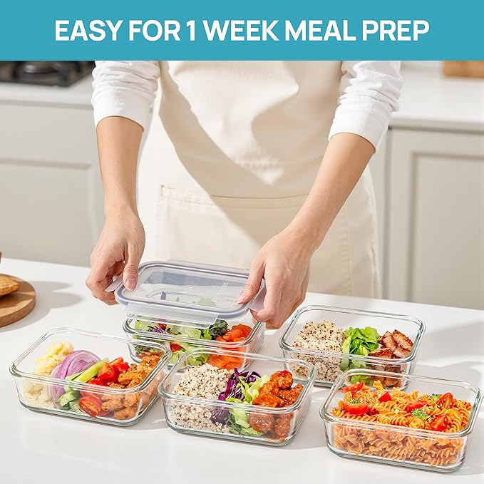 Vtopmart 5Pack 30oz Glass Storage Containers with Lids, Glass Meal Prep Food Container Sets with Snap Airtight Lids for Microwave, Oven, Freezer and Dishwasher, Grey
