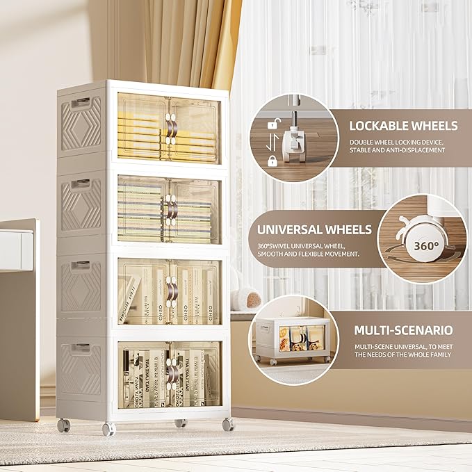 200 QT / 50 Gal Rolling Foldable Storage Cabinet with Stackable Feature - Double Magnetic Doors, Leather Handles, Durable Plastic for Closet/Office, Easy Assembly & Move