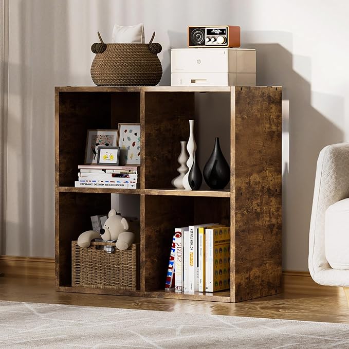 COMHOMA 4 Wood Cube Storage Organizer with Open Back and Removable Back Panels, 11In Brown Cube Storage Bookshelf, Cubicle Shelf Bookcase for Home Office Bedroom Living Room, Vertical or Horizontal