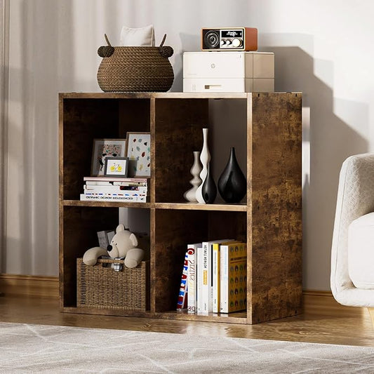 COMHOMA 4 Wood Cube Storage Organizer with Open Back and Removable Back Panels, 11In Brown Cube Storage Bookshelf, Cubicle Shelf Bookcase for Home Office Bedroom Living Room, Vertical or Horizontal