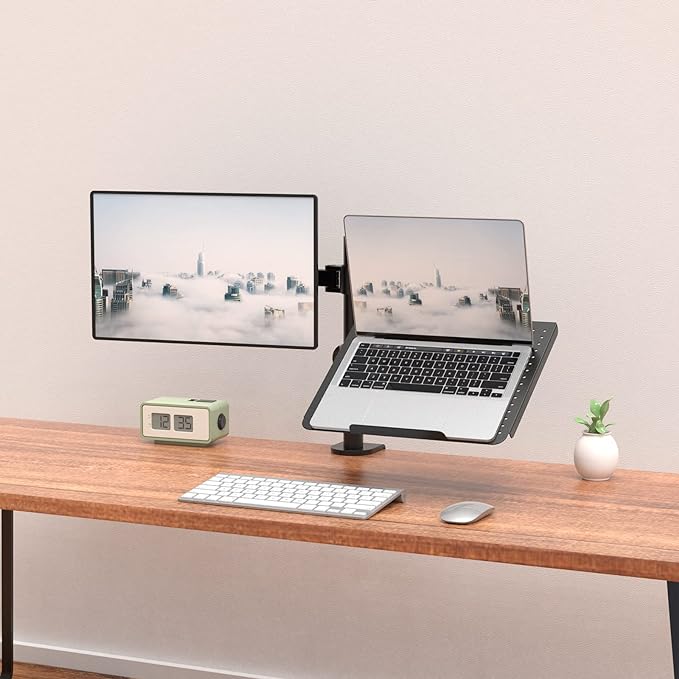 WALI Laptop and Monitor Stand, Fully Adjustable Monitor Mount and Laptop Tray for 1 Notebook up to 17 inch and 1 Screen up to 27 inch, 22 lbs, Weight Capacity (M001LP), Black