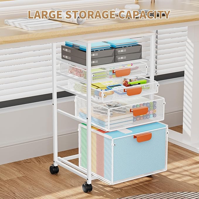 Marbrasse Rolling File Cart with 4 Storage Drawers, Mobile File Cabinet on Lockable Wheels, Hanging Filing Cabinet Organize, Under Desk Utility Cart for Home Office - White