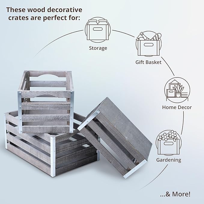 wald imports - Set of 3 Rustic Distressed Wooden Crates for Storage - Decorative Wooden Crate Set for Home Decoration & Display - Vintage Storage for Household Goods
