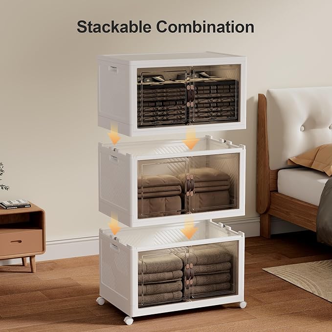 JOYMOOP Folding Storage Bins Organizer, 252 Quart Collapsible Storage Boxes with Wheels and Door, Stackble Plastic Storage Container for Clothing, Books and Sundries (XXL, 21 Gal Per, 3 Tiers)