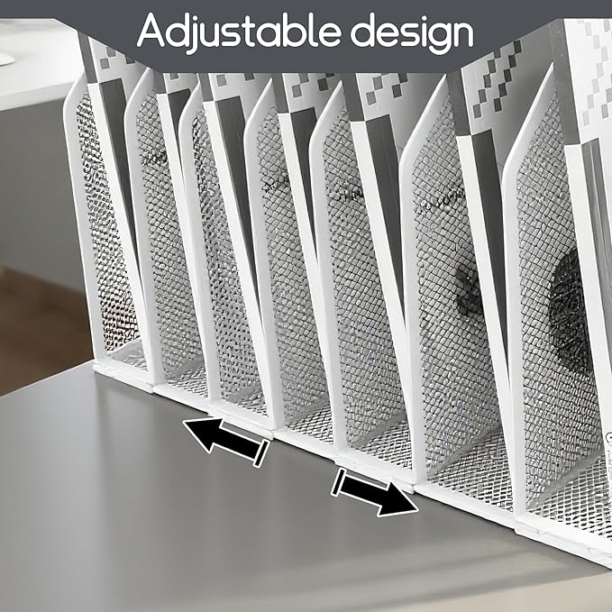 Adjustable Desk File Organizer,Detachable Office Folder Organizer,Compact Vertical Desk File Holder,Wrought Iron Paint,Suitable for Home, School, Office Classrooms (White - 7 grids)