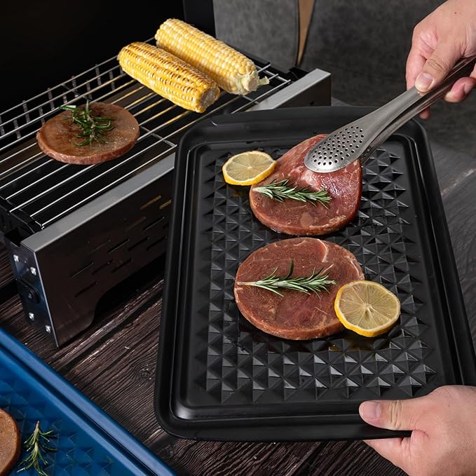Melamine Grilling Prep and Serve Trays, Set of 2 Melamine Rectangular Serving Trays/Platters with Handle for Outdoor Parties and BBQ, Dishwasher Safe Food Tray,17''x10.5''. Blue and Black