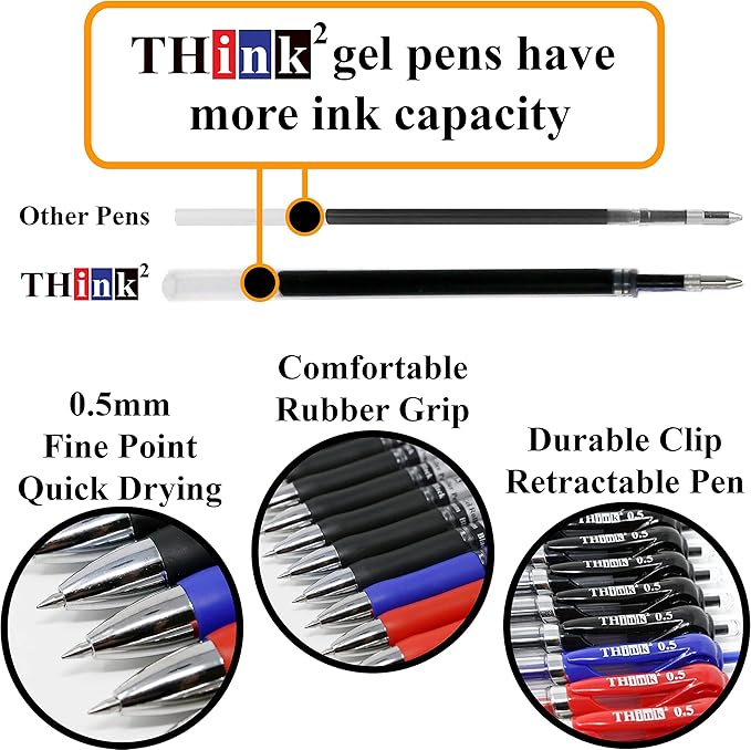 THINK2MASTER [24 Pens - 3 Colors] Think2 Retractable Gel Pens. (18 Black, 3 Red, 3 Blue) Fine Point (0.5mm) Rollerball Pens with Comfort Grip.