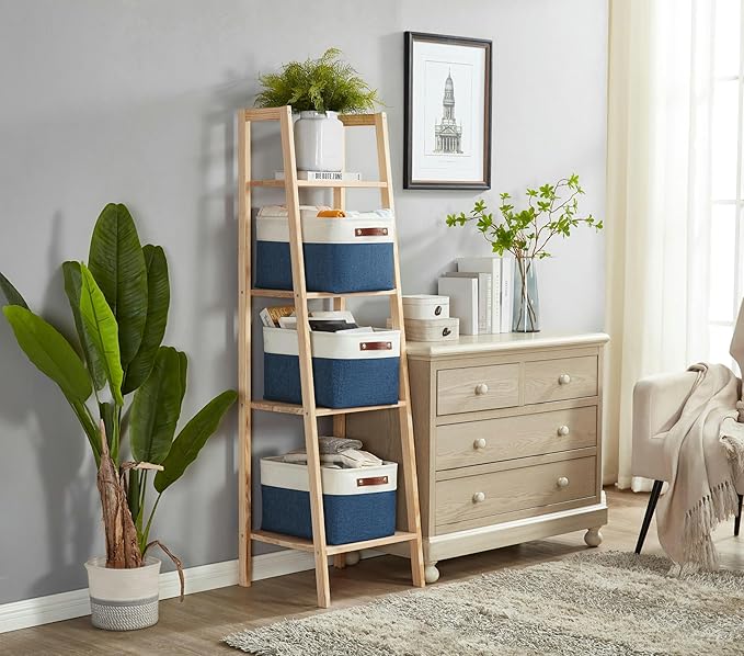 DECOMOMO Storage Baskets for Shelves - Fabric Storage Bins, Linen Closet Organizers and Storage (Navy Blue & White, Large - 3 Pack)