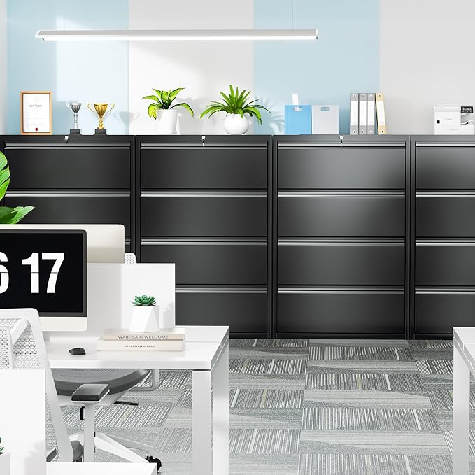 Bonusall 4 Drawer Lateral File Cabinet with Lock, Locking Metal lateral Filing Cabinet for Office Steel lateral File Cabinet, Large Horizontal File Cabinet Locked by Keys-Black