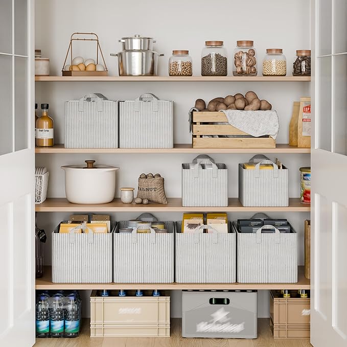 StorageWorks Storage Bins, Fabric Storage Bins for Shelves, Storage Baskets with Metal Frame, Closet Baskets and Bins with Handles, Khaki and Beige Stripes, 2-Pack