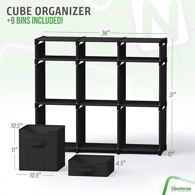 9 Cube Closet Organizers And Storage | Includes All Storage Cube Bins | Easy To Assemble Closet Storage Unit With Drawers | Room Organizer For Clothes, Baby Closet Bedroom, Playroom, Dorm (Black)