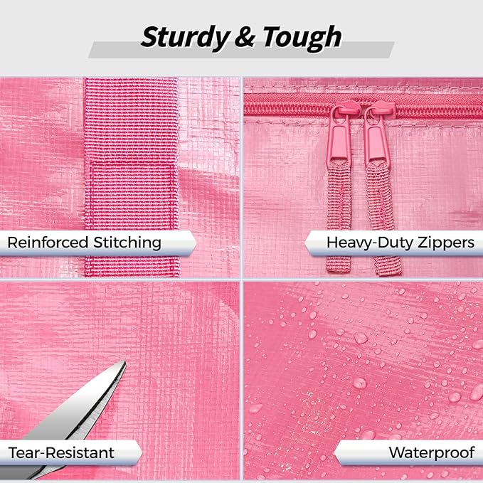 16 Pack Extra Large Heavy Duty Moving Bags, Pink Storage Bins with Lids, Reinforced Handles & Heavy-Duty Zippers Moving Boxes Storage Bags Totes for Clothes Packing, Dorms, College Supplies, Pink