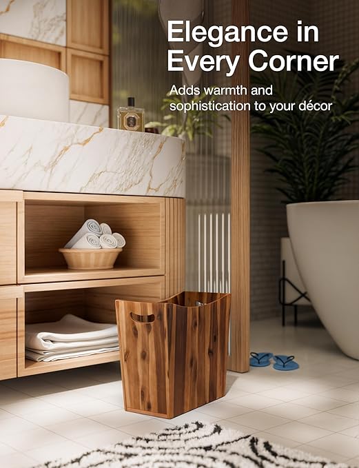 3 Gallons Rectangular Wastebaskets - Acacia Wood Waste Basket with Handles - Small Trash Can for Bathroom - Brown Garbage Bin for Spa Bathroom Decorative, Kitchen Counter, Living Room (Walnut)