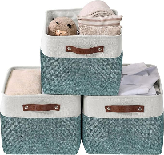 DECOMOMO Storage Baskets for Shelves - Fabric Storage Bins, Linen Closet Organizers and Storage (Green & White, XL - 3 Pack)