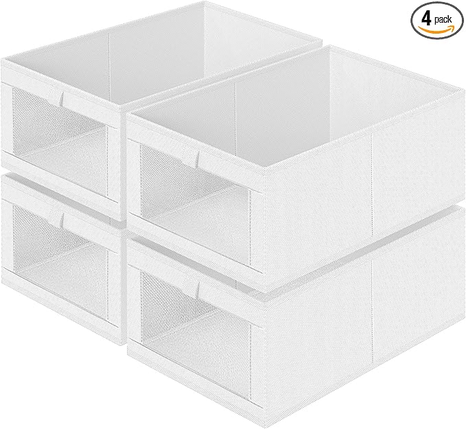 Criusia 4 Pack Closet Organizers and Storage, Large Linen Closet Baskets for Organization, Foldable Storage Containers for Towels, Clothing, Jeans, Books, Shelves, White