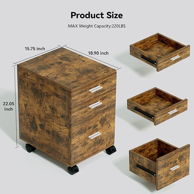 3-Drawer Mobile File Cabinet,Rustic Brown Finish with Locking Casters,Fully Assembled Storage Cabinet with Drawers for Office & Home,18.9" L x 15.75" W x 22.05" H,220 lbs Capacity