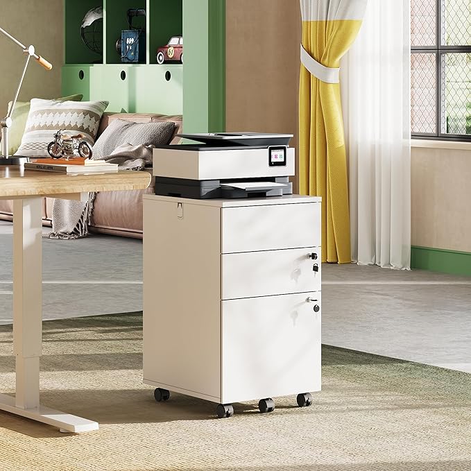 DEVAISE 3 Drawer Rolling File Cabinet with Lock, Wood Under Desk Filing Cabinet fits Letter/Legal/A4 Size for Home Office, White