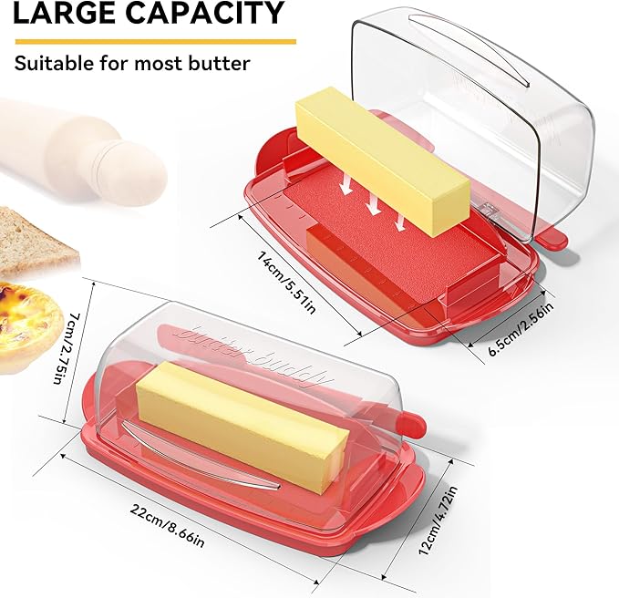Butter Dishes with Lid for Countertop Refrigerator, Plastic Butter Dish Clear Flip Top Lid Butter Container with Spreader, Non-Slip Bottom Butter Holder Keeper (Transparent Cover Red)