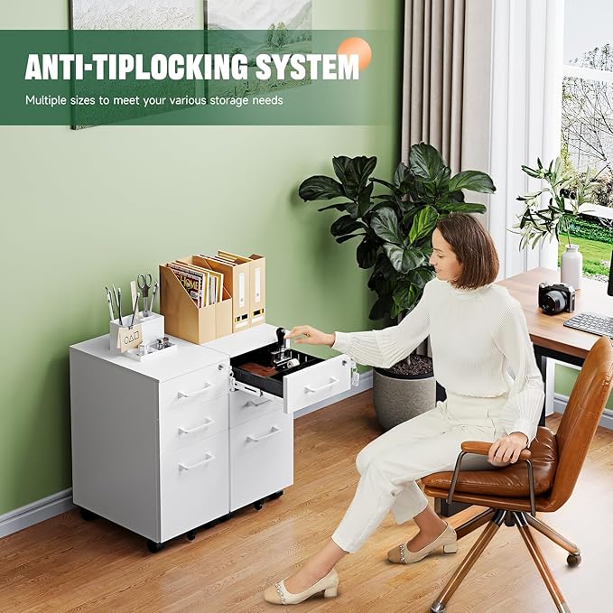 Letaya 3 Drawer Mobile File Cabinet with Lock,Under Desk Metal Filing Cabinets for Home Office Organizer,Small Rolling Printer Stand with Wheels,for Letters/Legal/A4(Assembly Required) (White)