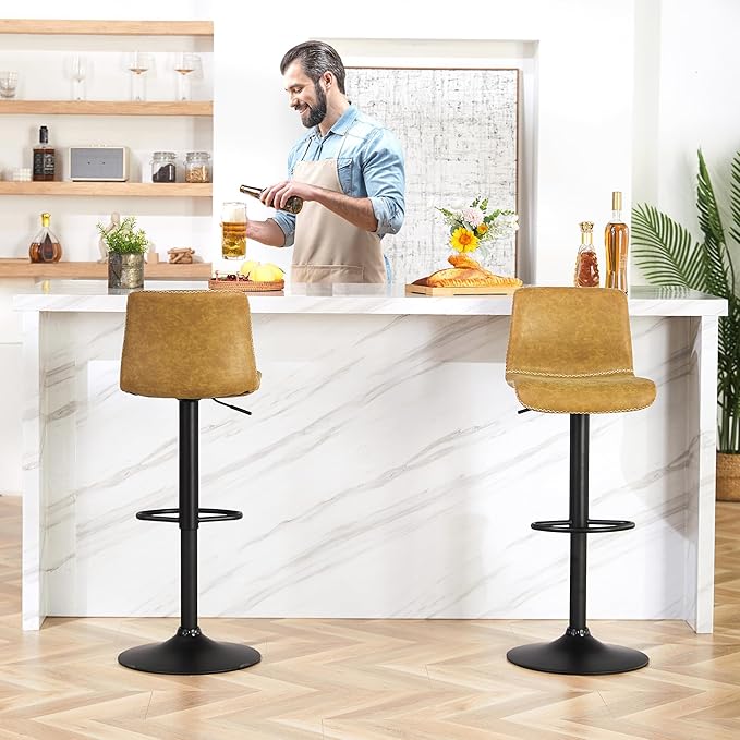 HeuGah Bar Stools Set of 4, Swivel Counter Height Barstools with Back, Adjustable Height 24" to 32", Whiskey Brown Faux Leather Bar Chairs for Kitchen Island (Whiskey Brown, Set of 4 (24'' to 32''))