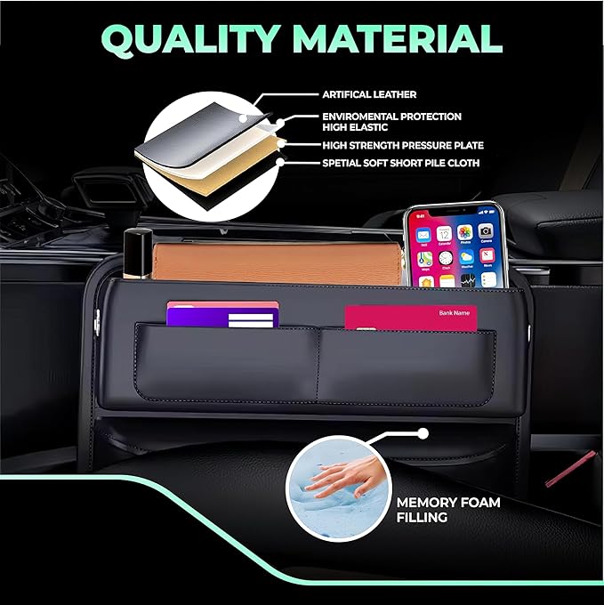 Universal Leather Car Seat Gap Filler Organizer – Side Pocket Storage Box for SUV & Truck, Essential Car Accessories for Men & Women, Center Console Organizer (Premium Black)