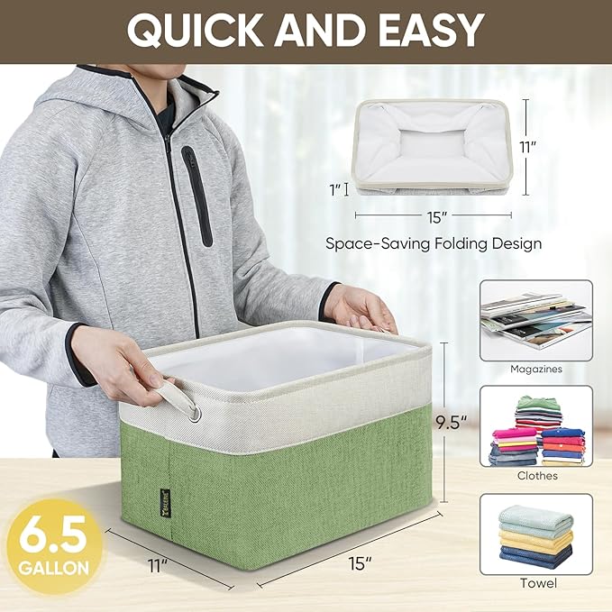 BALEINE 3 Pack Fabric Storage Bins for Shelves, Linen Storage Baskets for Organizing, Decorative Closet Bins for Clothes, Home (Green, 15''x11''x9.5'')