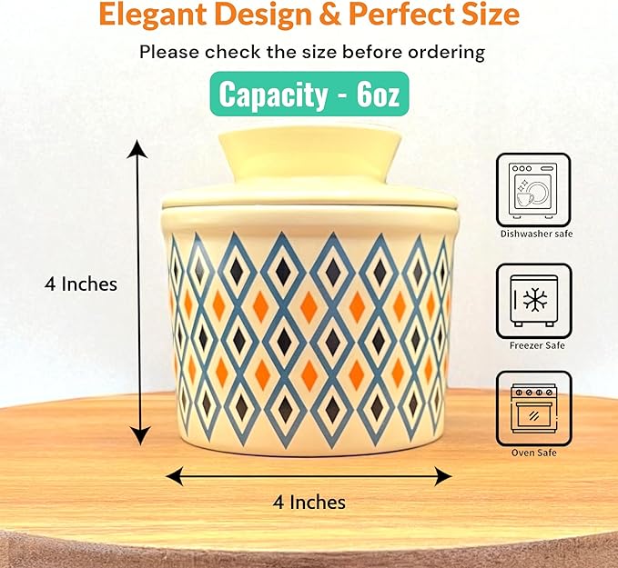 Butter Crock with Lid for Countertop, Butter Keeper Crock with Water, French Butter Dish Ceramic, Butter Holder with Lid for Spreadable Butter, Butter Container for Counter (Retro Diamond, Ivory)